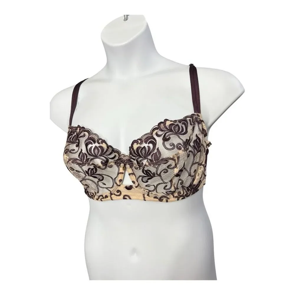 Cacique Purple Lace Sheer Balconette Bra Plus Size 40DD Underwire Embroidered